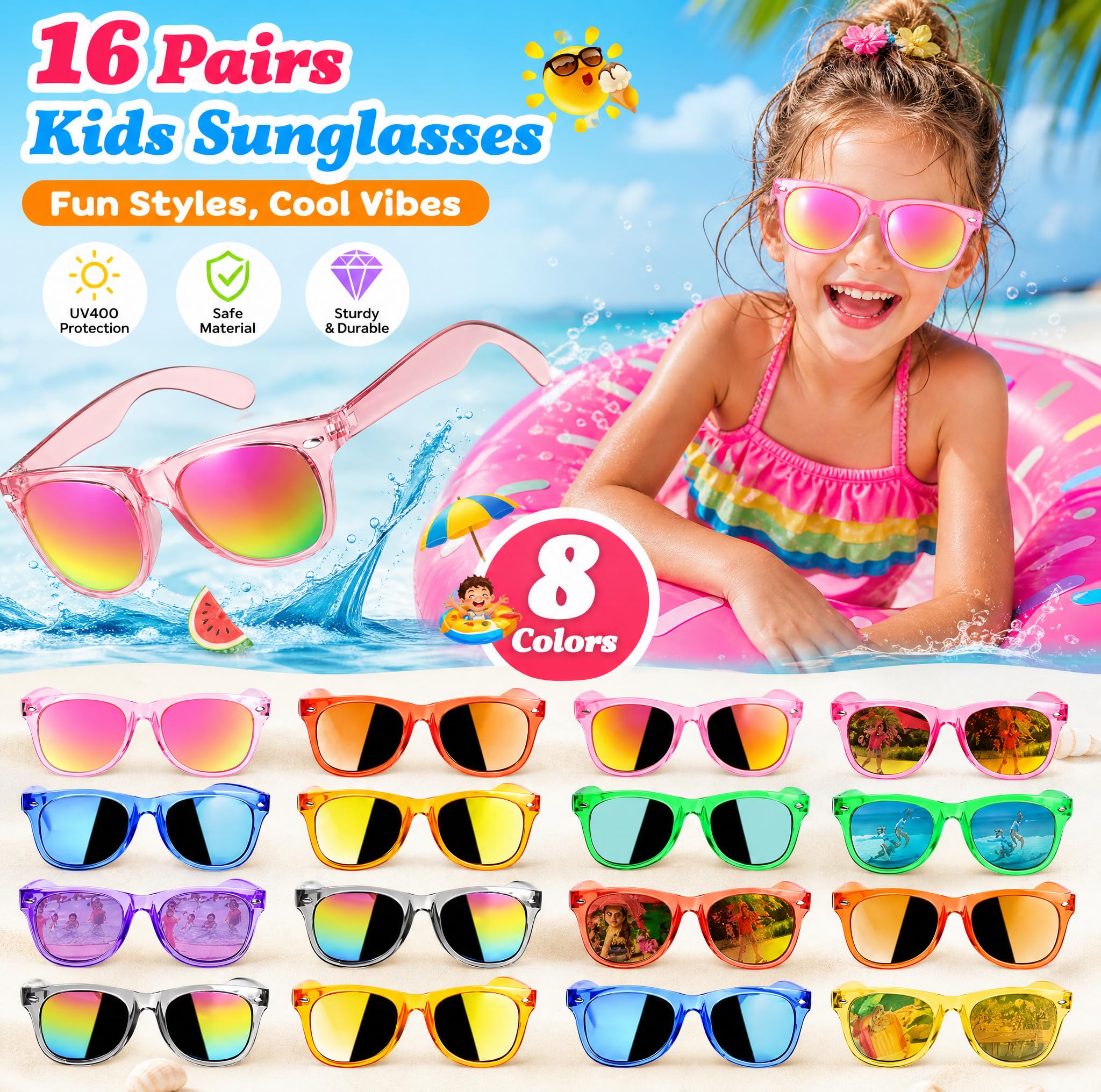 Froman Kids Sunglasses Bulk 16 Pack Neon UV 400 Protection Party Favors for Ages 3-8
