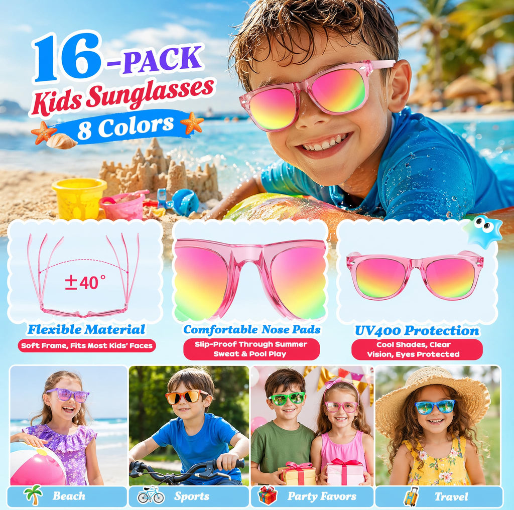 Froman Kids Sunglasses Bulk 16 Pack Neon UV 400 Protection Party Favors for Ages 3-8