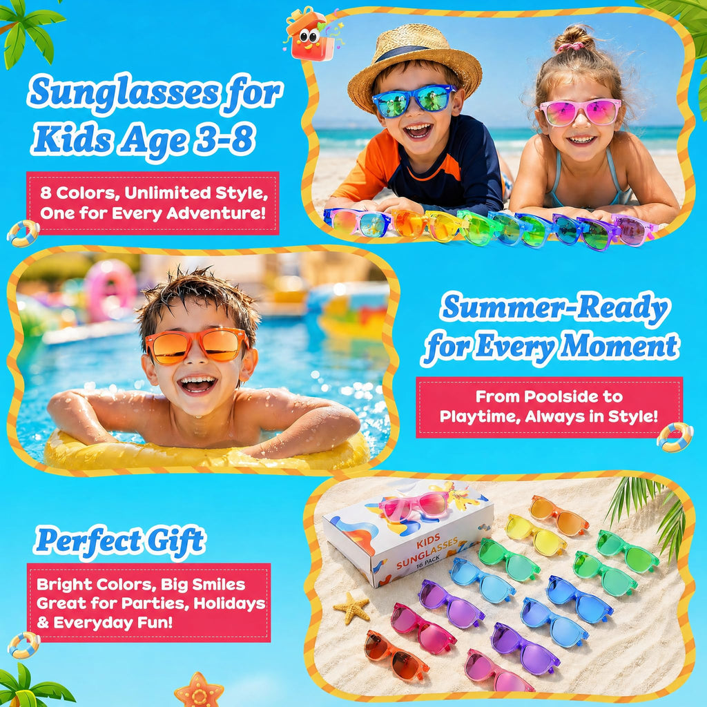 Froman Kids Sunglasses Bulk 16 Pack Neon UV 400 Protection Party Favors for Ages 3-8