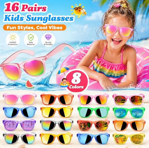 Froman Kids Sunglasses Bulk 16 Pack Neon UV 400 Protection Party Favors for Ages 3-8