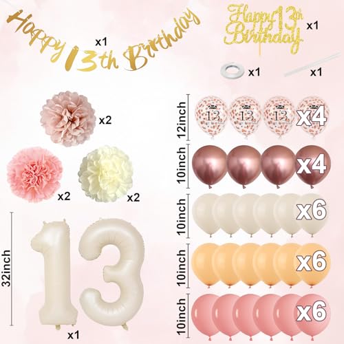 Froova 13th Birthday Decorations for Girl - Blush Pink Balloon Kit with Banner, Cake Topper, Pom Poms