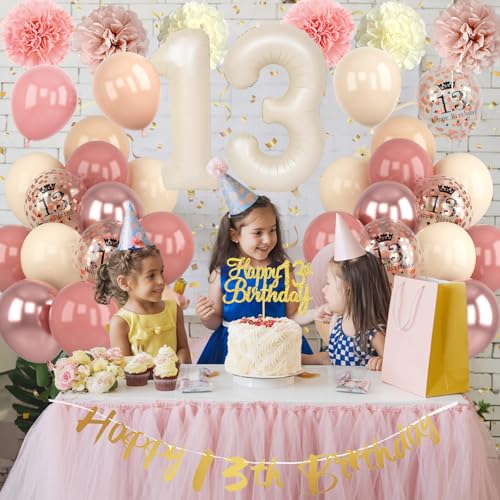 Froova 13th Birthday Decorations for Girl - Blush Pink Balloon Kit with Banner, Cake Topper, Pom Poms