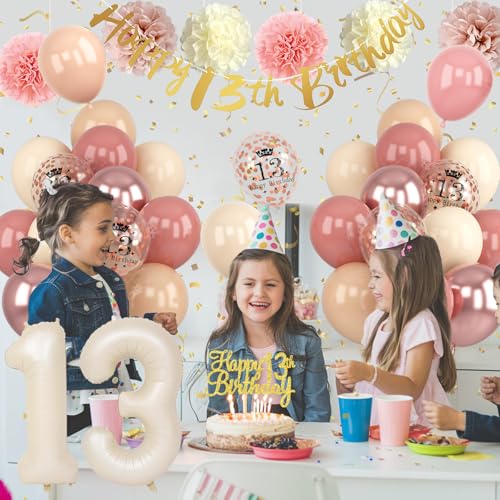 Froova 13th Birthday Decorations for Girl - Blush Pink Balloon Kit with Banner, Cake Topper, Pom Poms