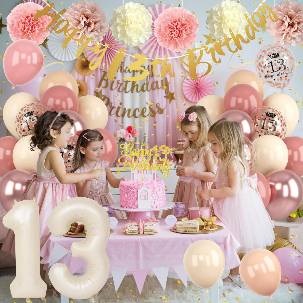Froova 13th Birthday Decorations for Girl - Blush Pink Balloon Kit with Banner, Cake Topper, Pom Poms