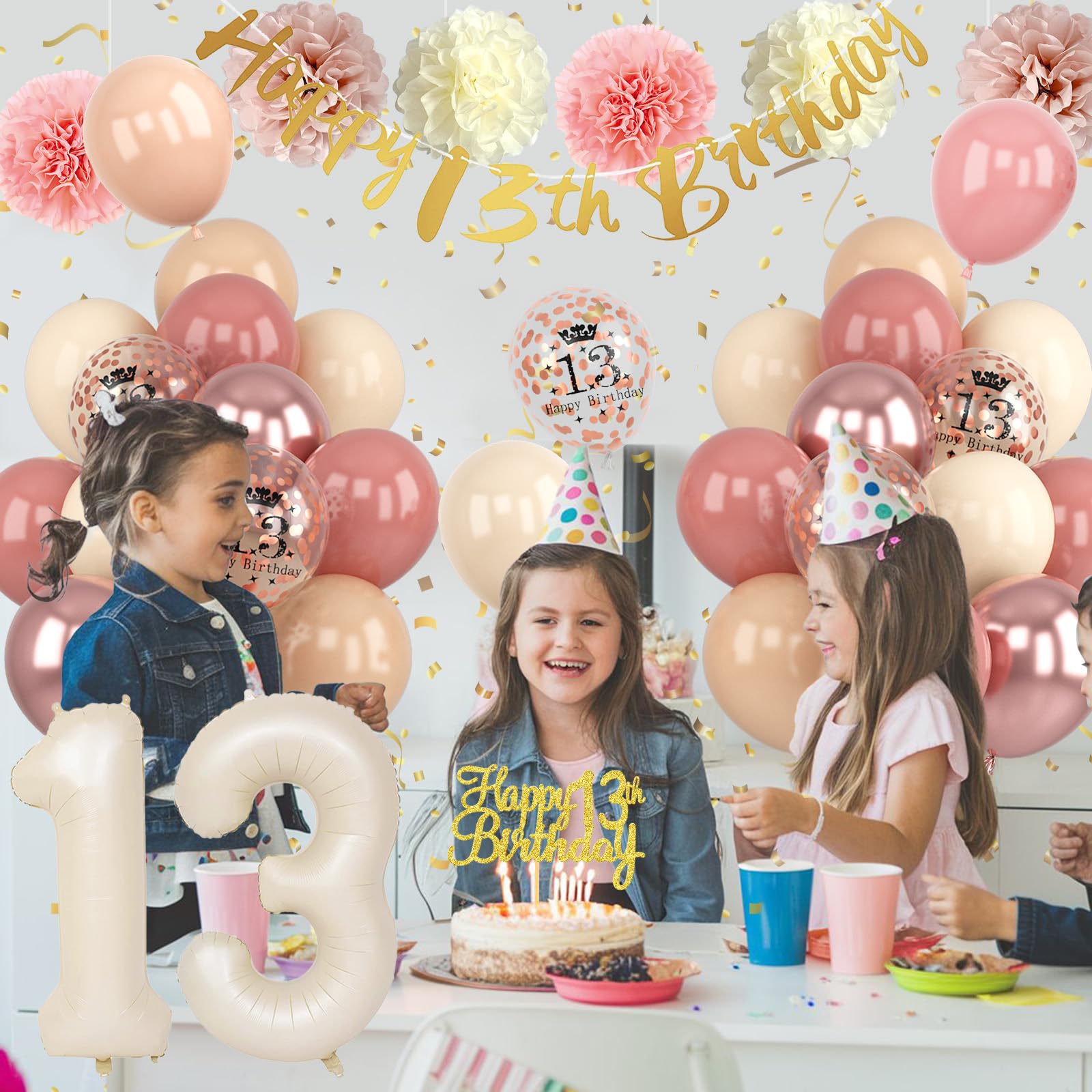 Froova 13th Birthday Decorations for Girl - Blush Pink Balloon Kit with Banner, Cake Topper, Pom Poms