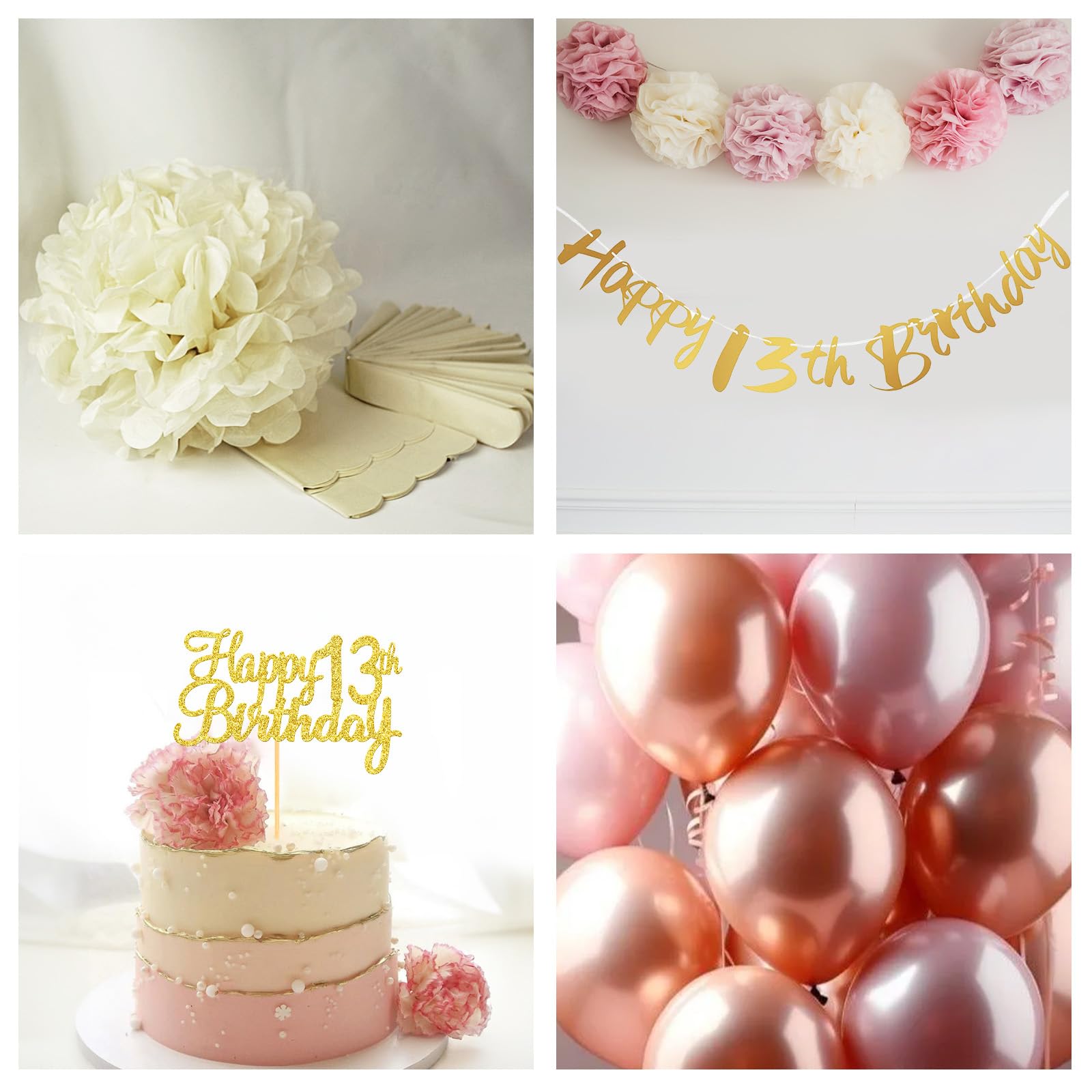 Froova 13th Birthday Decorations for Girl - Blush Pink Balloon Kit with Banner, Cake Topper, Pom Poms