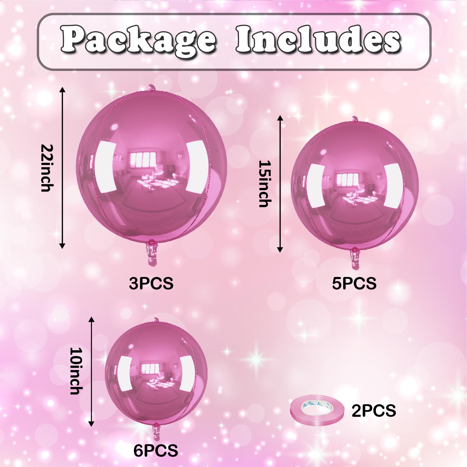 Froova 14 Pack Pink Foil Balloons - 22/15/10 Inch 4D Ball Set for Party Decor