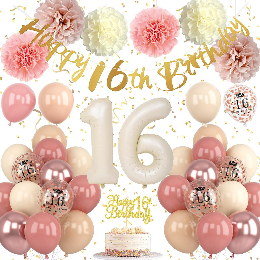 Froova 16th Birthday Decorations – Retro Blush Pink Sweet 16 Balloon Kit with Banner & Cake Topper