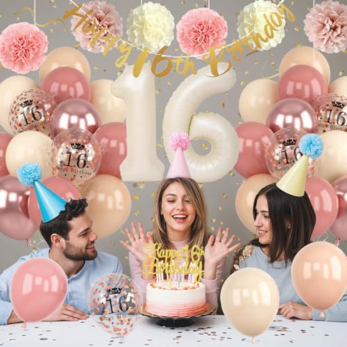 Froova 16th Birthday Decorations – Retro Blush Pink Sweet 16 Balloon Kit with Banner & Cake Topper