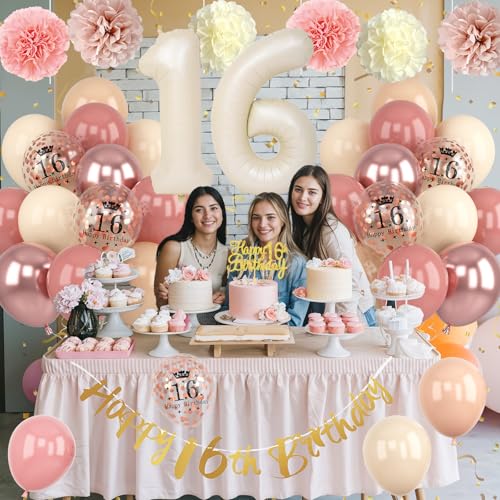 Froova 16th Birthday Decorations – Retro Blush Pink Sweet 16 Balloon Kit with Banner & Cake Topper
