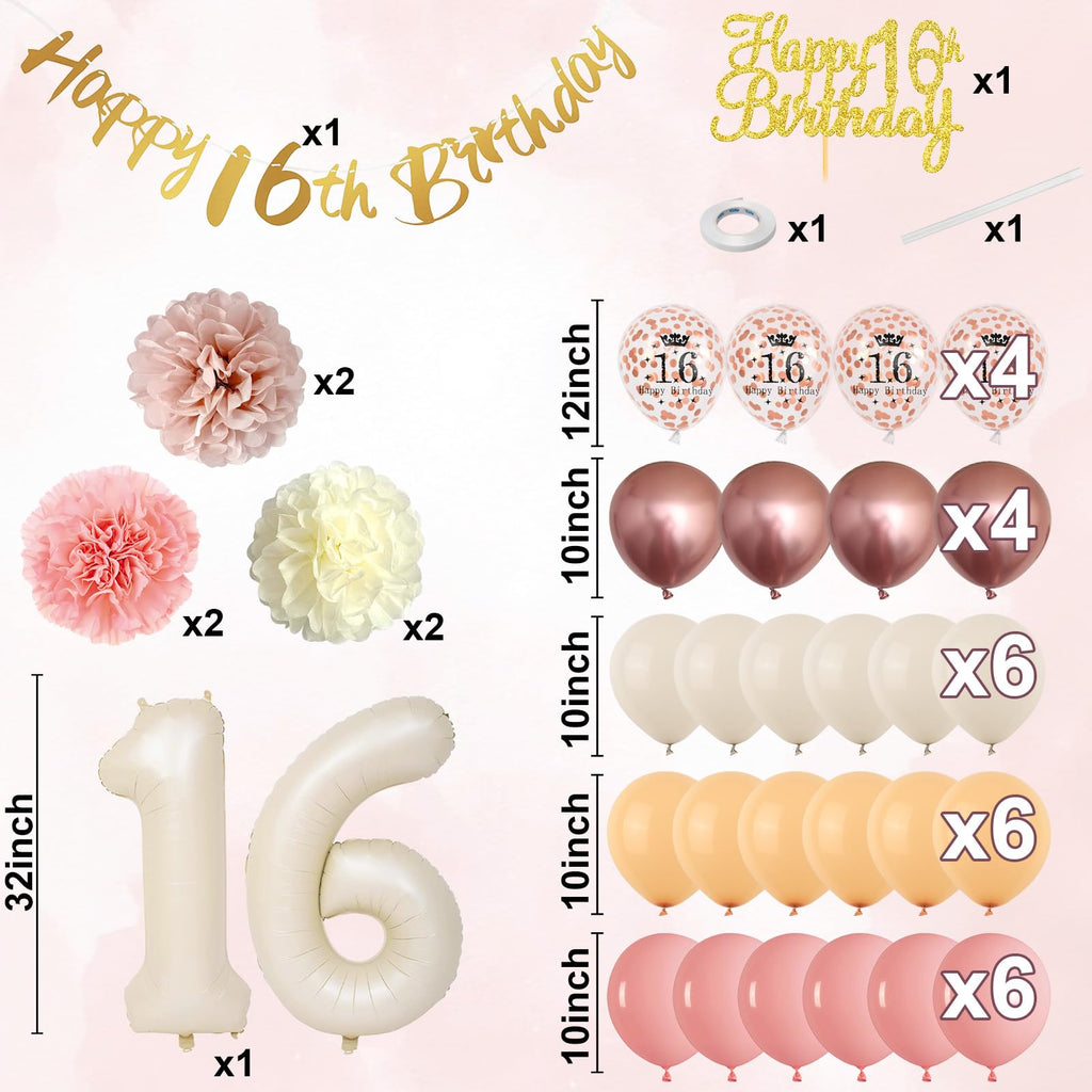 Froova 16th Birthday Decorations – Retro Blush Pink Sweet 16 Balloon Kit with Banner & Cake Topper