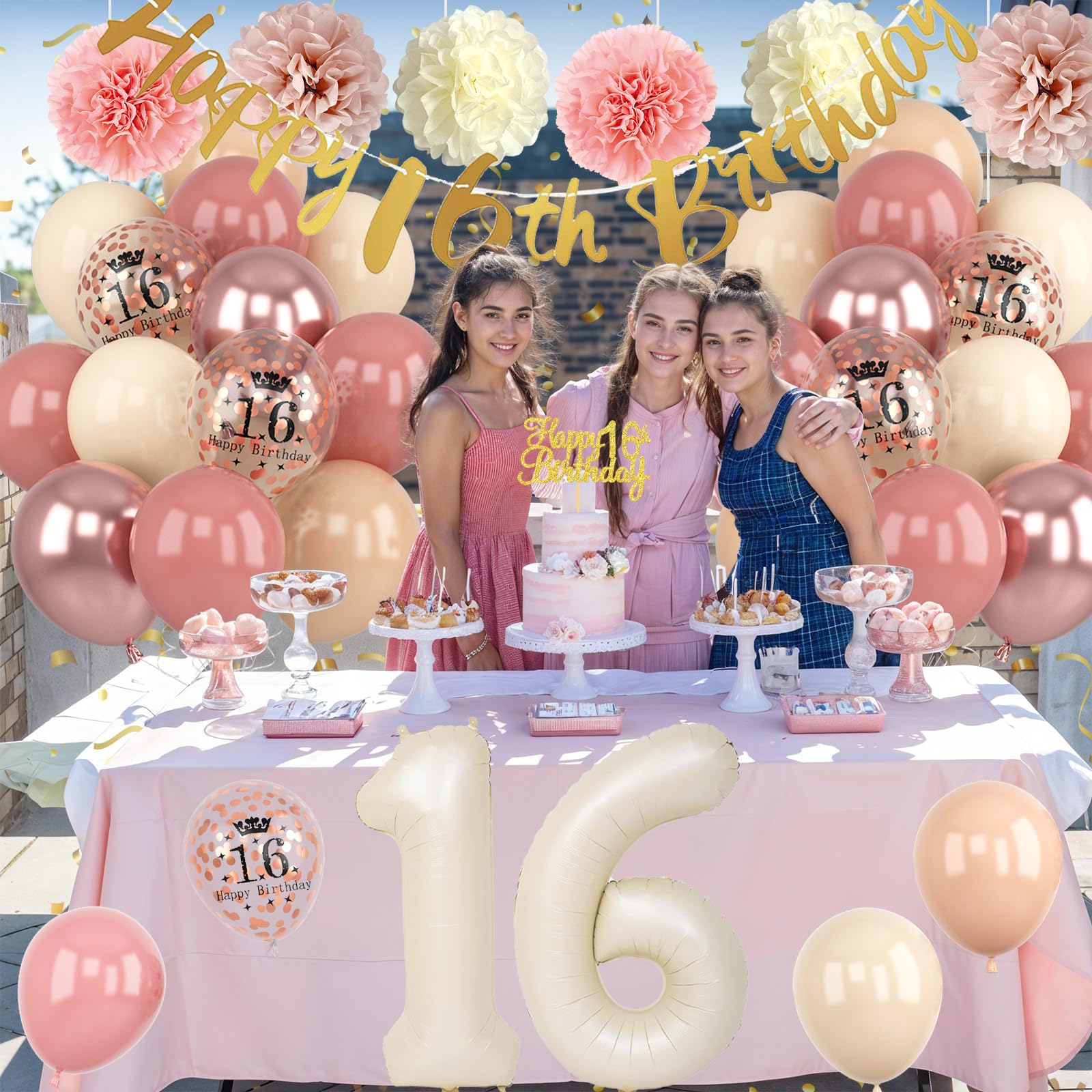 Froova 16th Birthday Decorations – Retro Blush Pink Sweet 16 Balloon Kit with Banner & Cake Topper