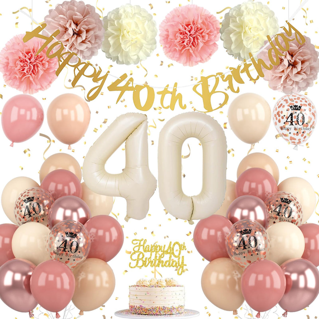 Froova 40th Birthday Decorations for Women – Retro Blush Pink Balloon Kit with Banner & Cake Topper
