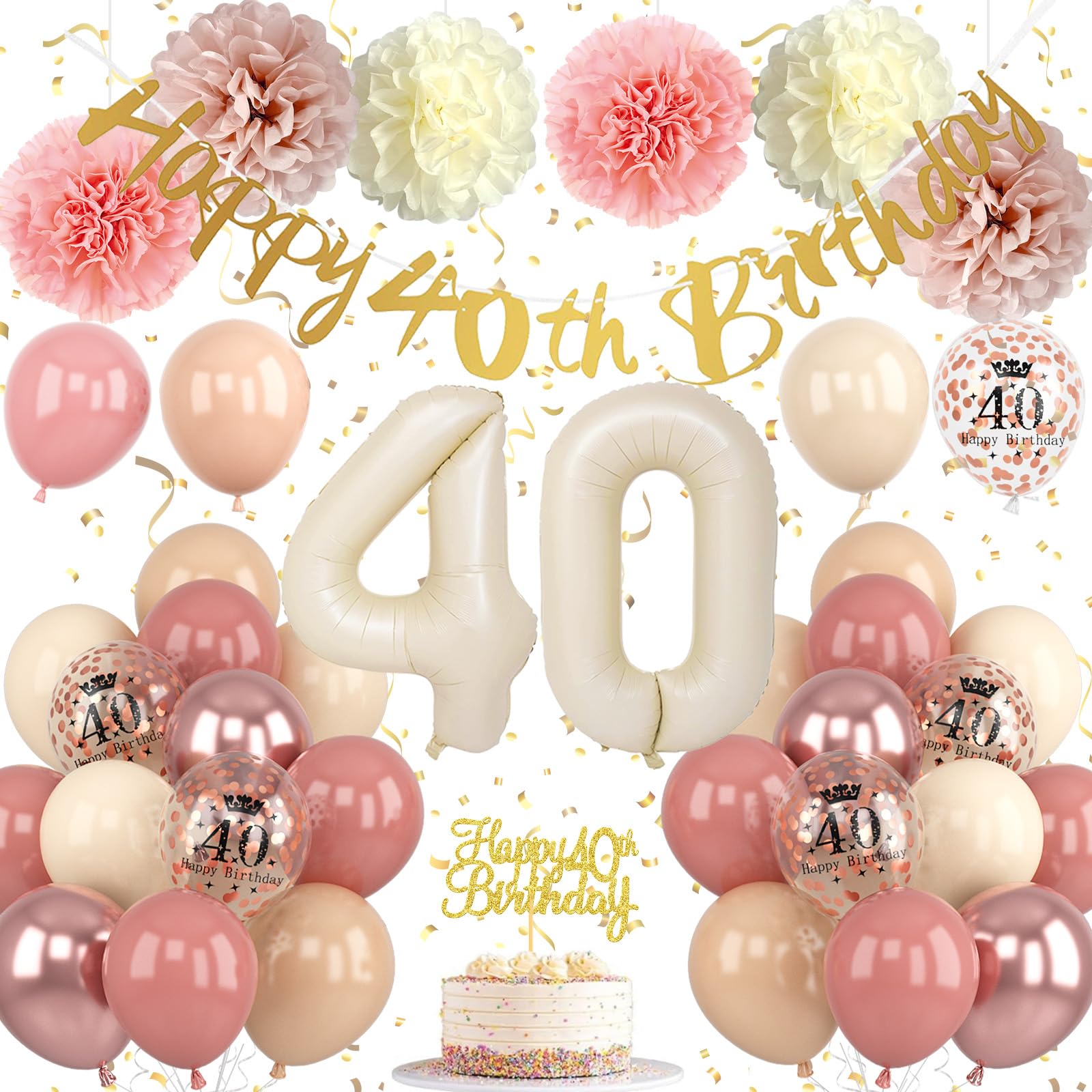 Froova 40th Birthday Decorations for Women – Retro Blush Pink Balloon Kit with Banner & Cake Topper