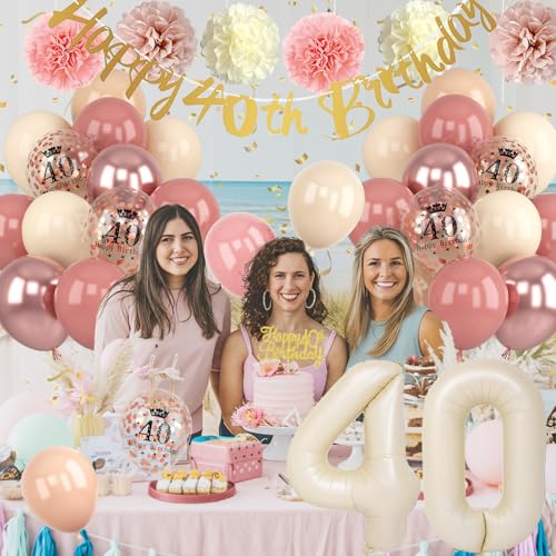 Froova 40th Birthday Decorations for Women – Retro Blush Pink Balloon Kit with Banner & Cake Topper