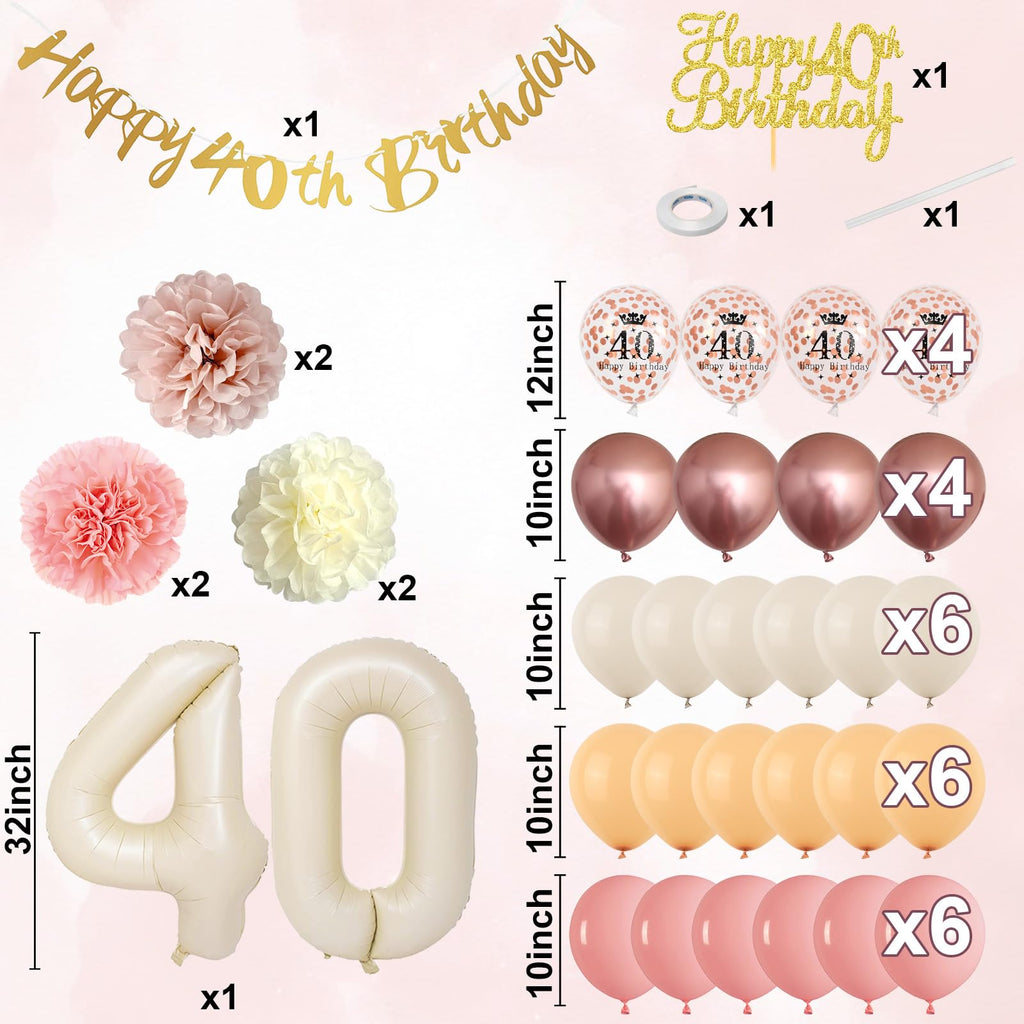 Froova 40th Birthday Decorations for Women – Retro Blush Pink Balloon Kit with Banner & Cake Topper