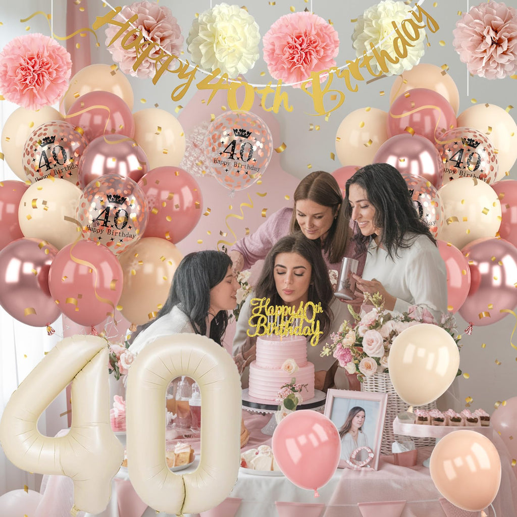Froova 40th Birthday Decorations for Women – Retro Blush Pink Balloon Kit with Banner & Cake Topper