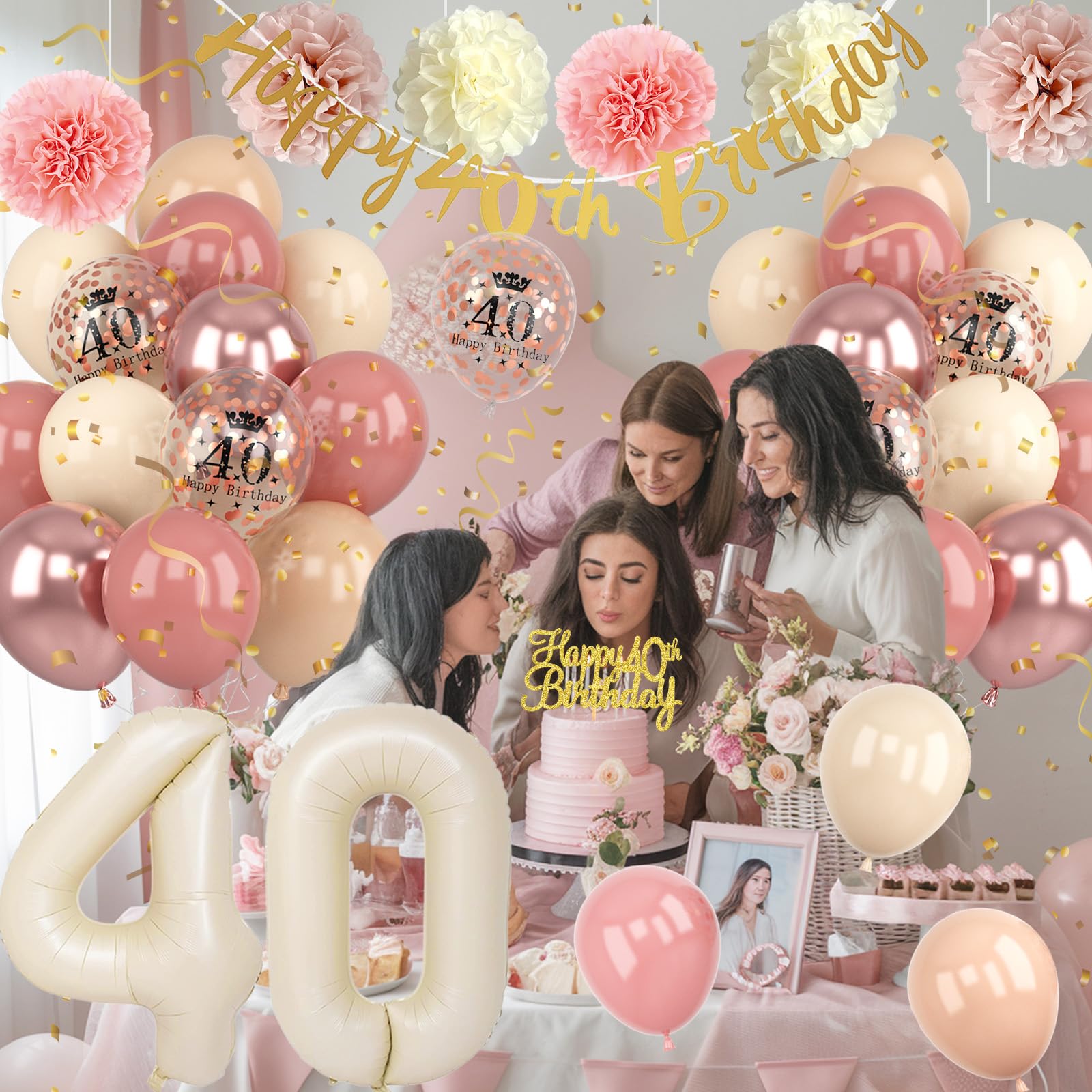 Froova 40th Birthday Decorations for Women – Retro Blush Pink Balloon Kit with Banner & Cake Topper