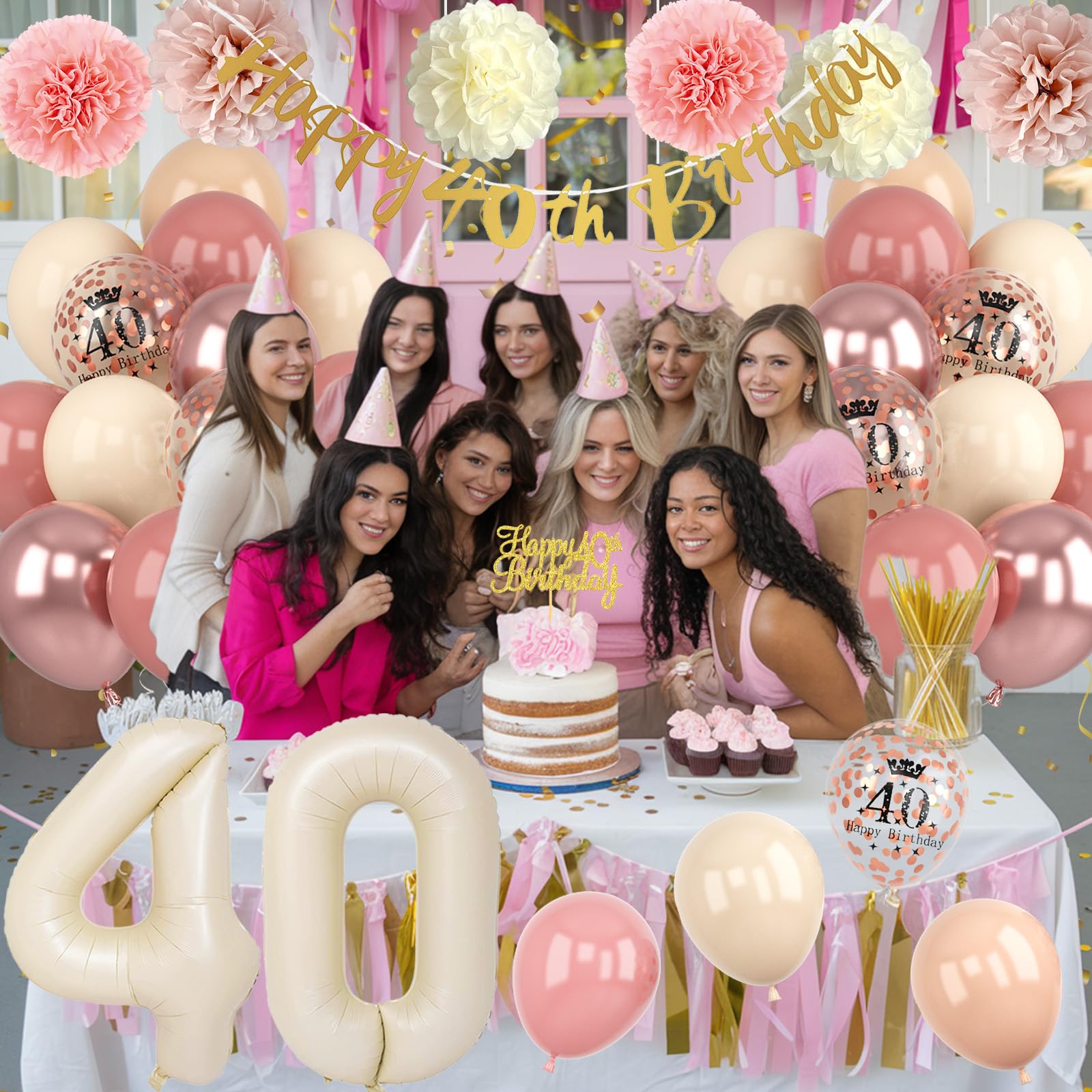 Froova 40th Birthday Decorations for Women – Retro Blush Pink Balloon Kit with Banner & Cake Topper