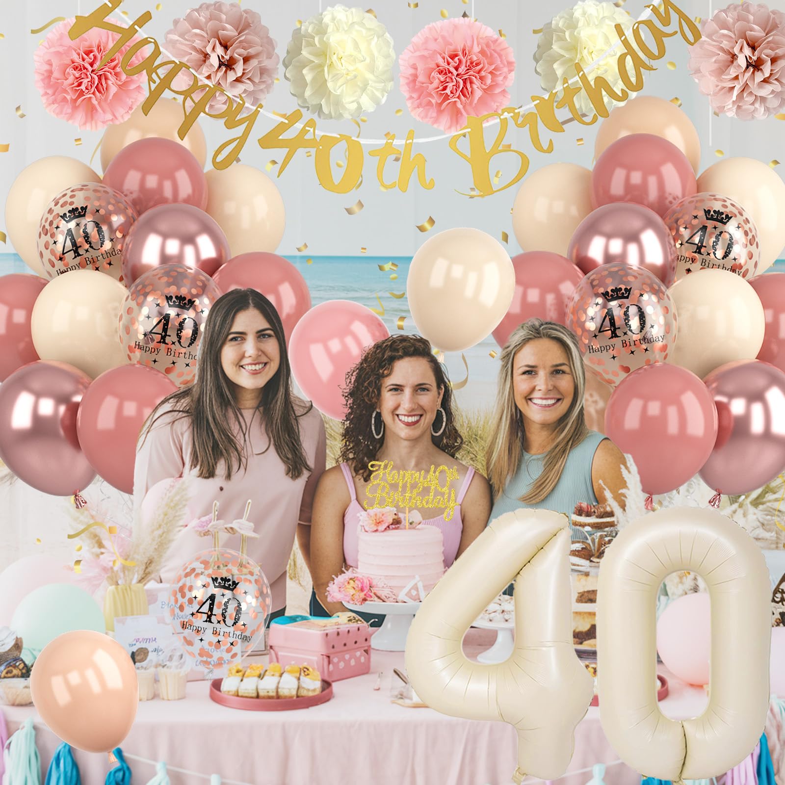Froova 40th Birthday Decorations for Women – Retro Blush Pink Balloon Kit with Banner & Cake Topper