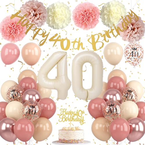 Froova 40th Birthday Decorations for Women – Retro Blush Pink Balloon Kit with Banner & Cake Topper