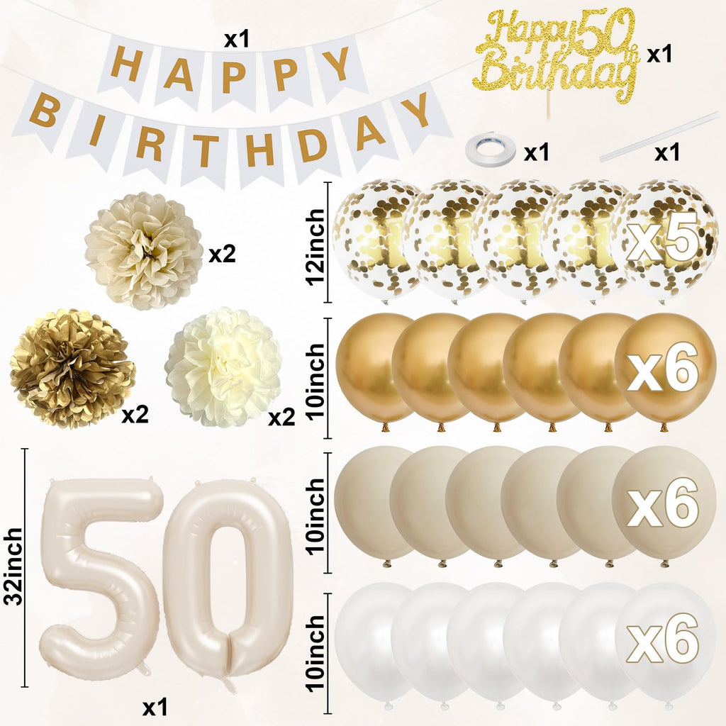 Froova 50th Birthday Decorations: Beige Gold Balloon Set with Banner, Cake Topper & More for Women or Men