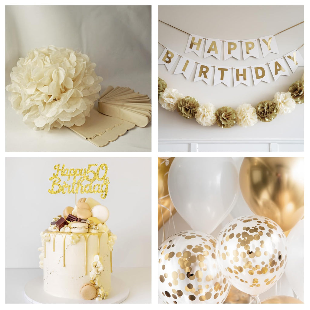 Froova 50th Birthday Decorations: Beige Gold Balloon Set with Banner, Cake Topper & More for Women or Men