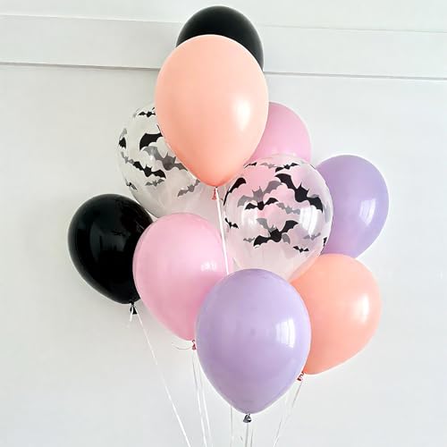 Froova 51-Piece Halloween Balloon Set - Pastel Pink Purple Black with Bat Stickers & Ribbon