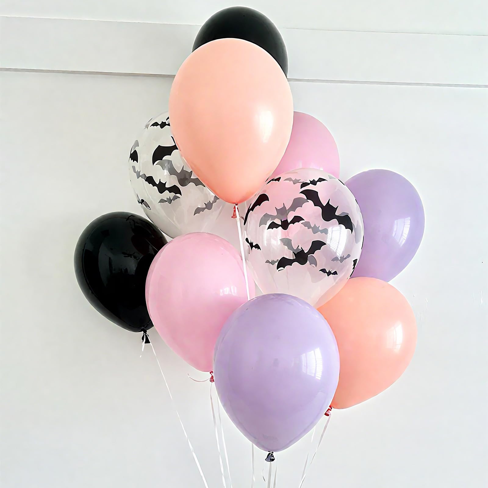 Froova 51-Piece Halloween Balloon Set - Pastel Pink Purple Black with Bat Stickers & Ribbon