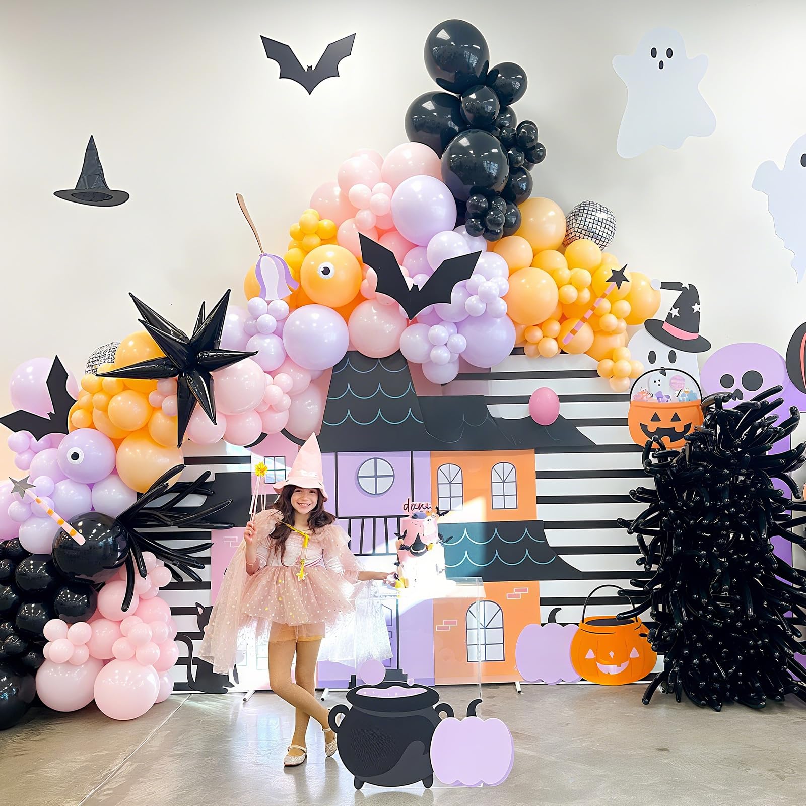 Froova 51-Piece Halloween Balloon Set - Pastel Pink Purple Black with Bat Stickers & Ribbon