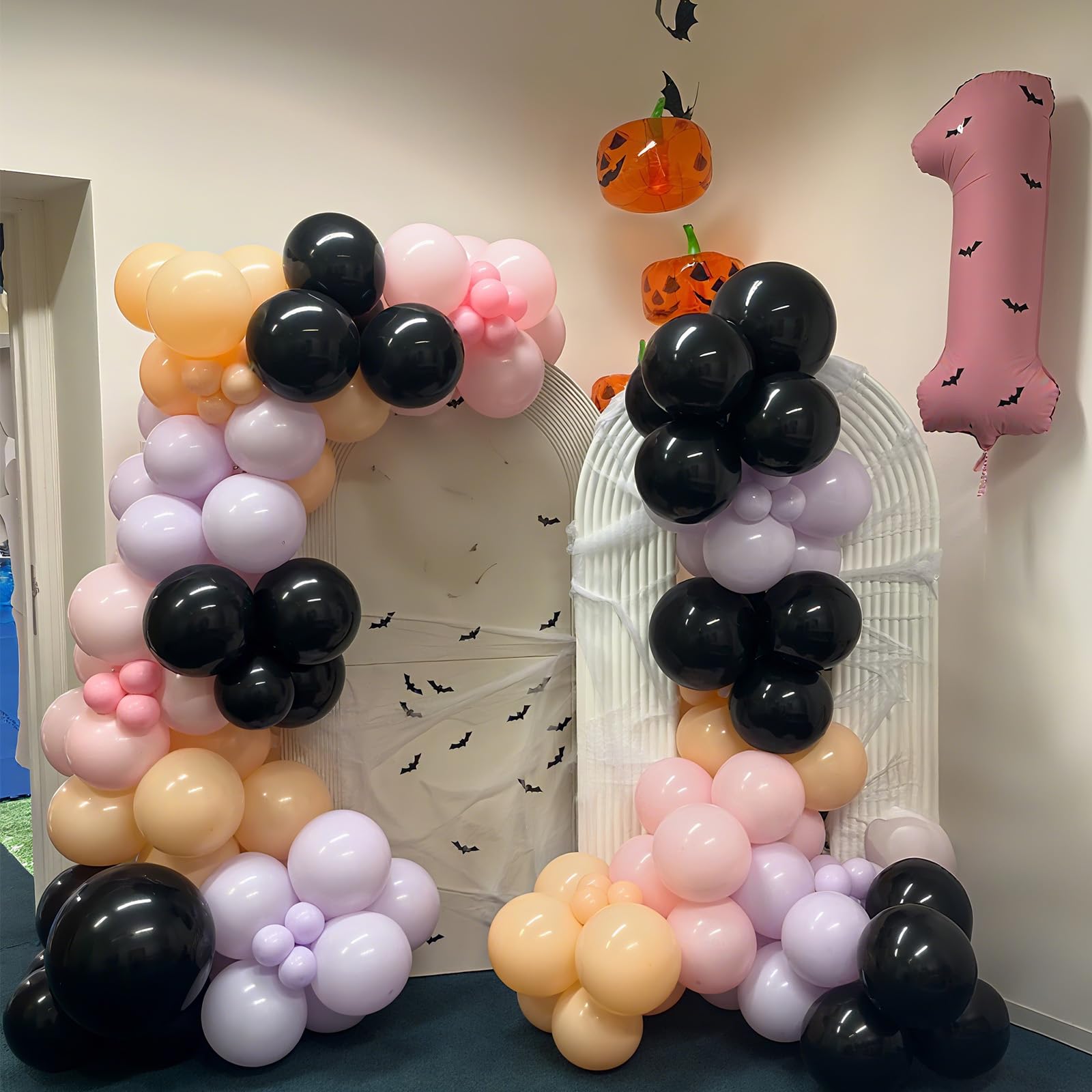 Froova 51-Piece Halloween Balloon Set - Pastel Pink Purple Black with Bat Stickers & Ribbon