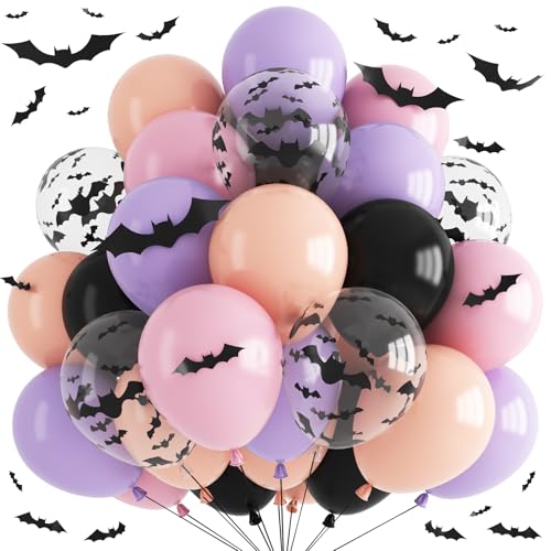 Froova 51-Piece Halloween Balloon Set - Pastel Pink Purple Black with Bat Stickers & Ribbon