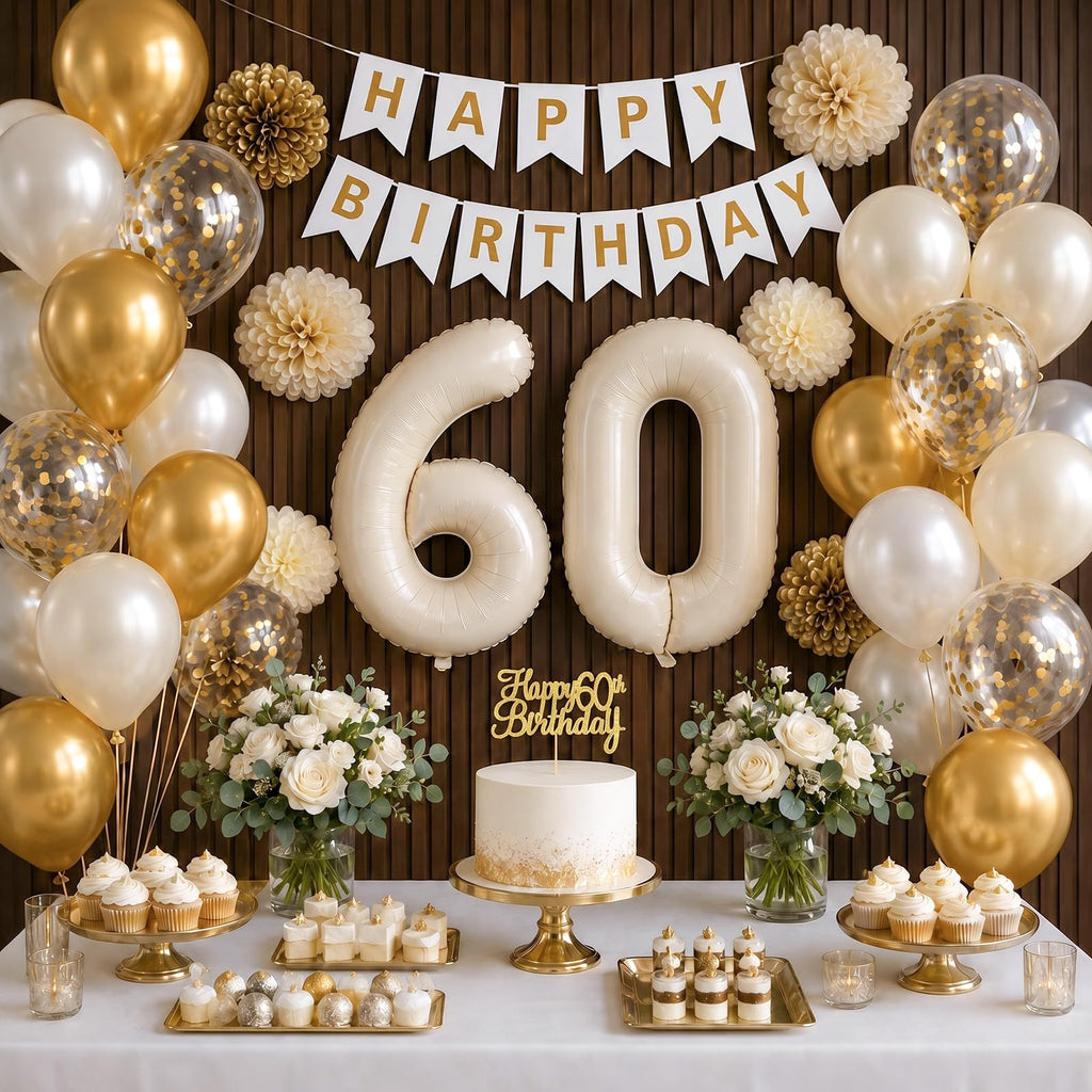 Froova 60th Birthday Decorations 33-Piece Set – Beige Gold White Neutral Party Supplies