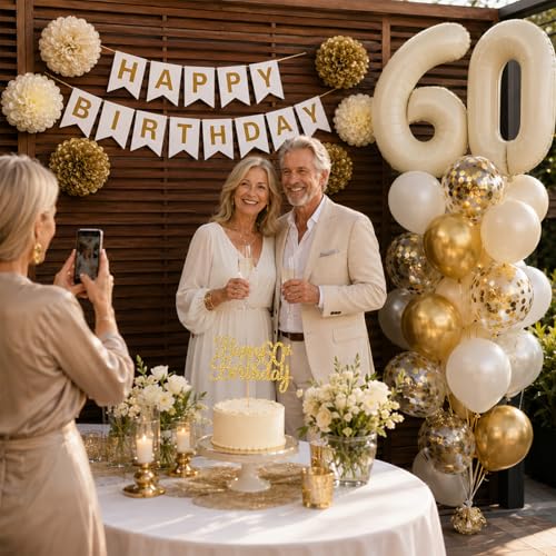 Froova 60th Birthday Decorations 33-Piece Set – Beige Gold White Neutral Party Supplies