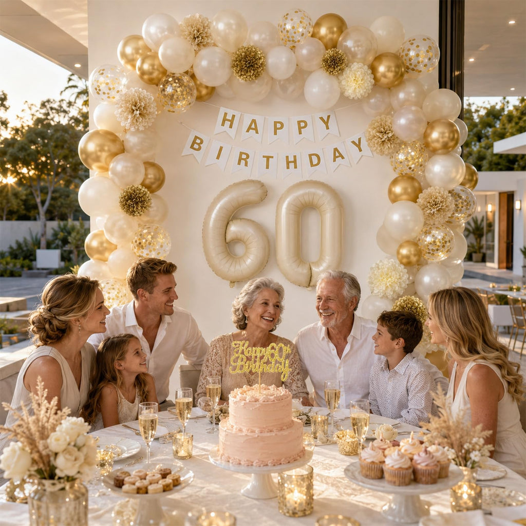 Froova 60th Birthday Decorations 33-Piece Set – Beige Gold White Neutral Party Supplies