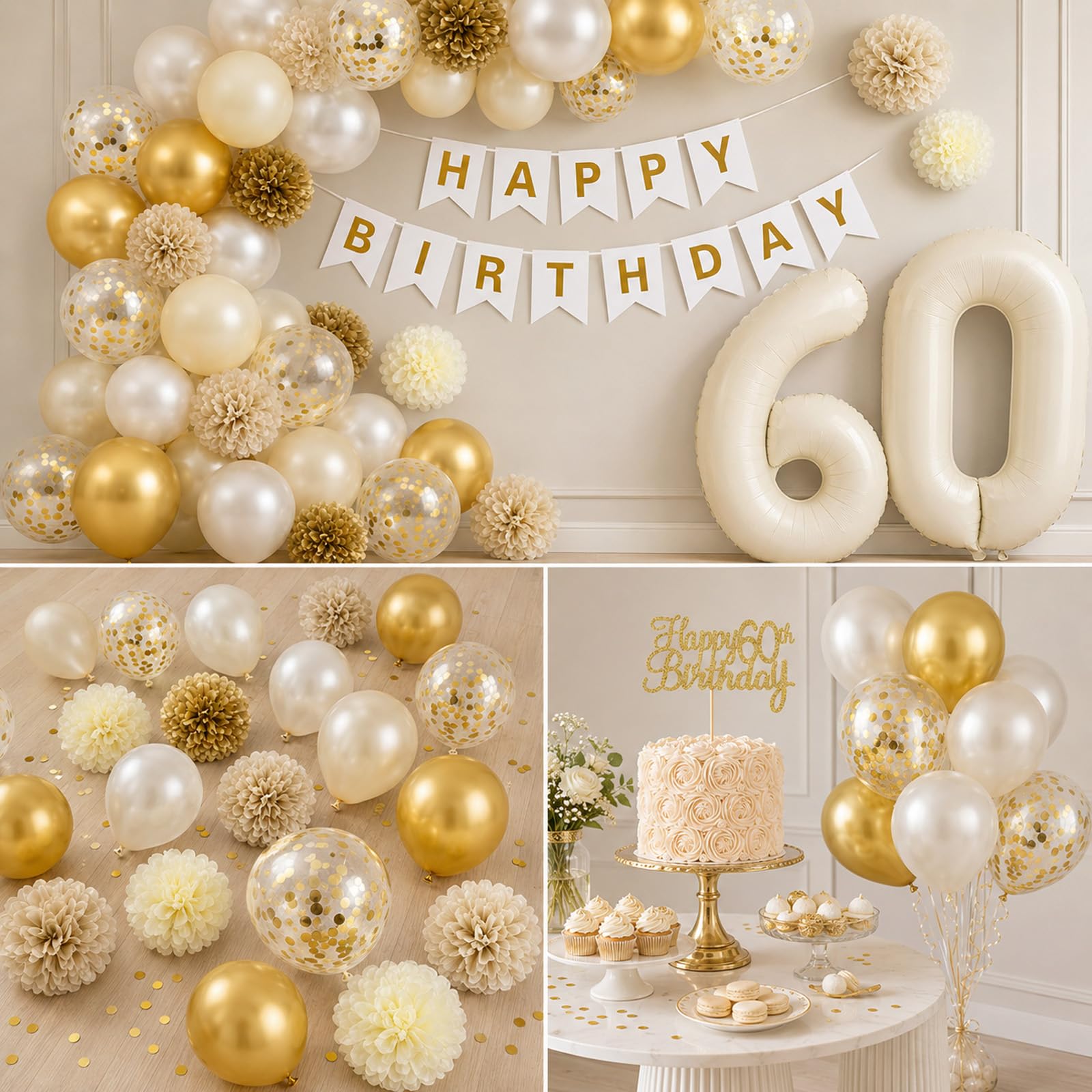Froova 60th Birthday Decorations 33-Piece Set – Beige Gold White Neutral Party Supplies