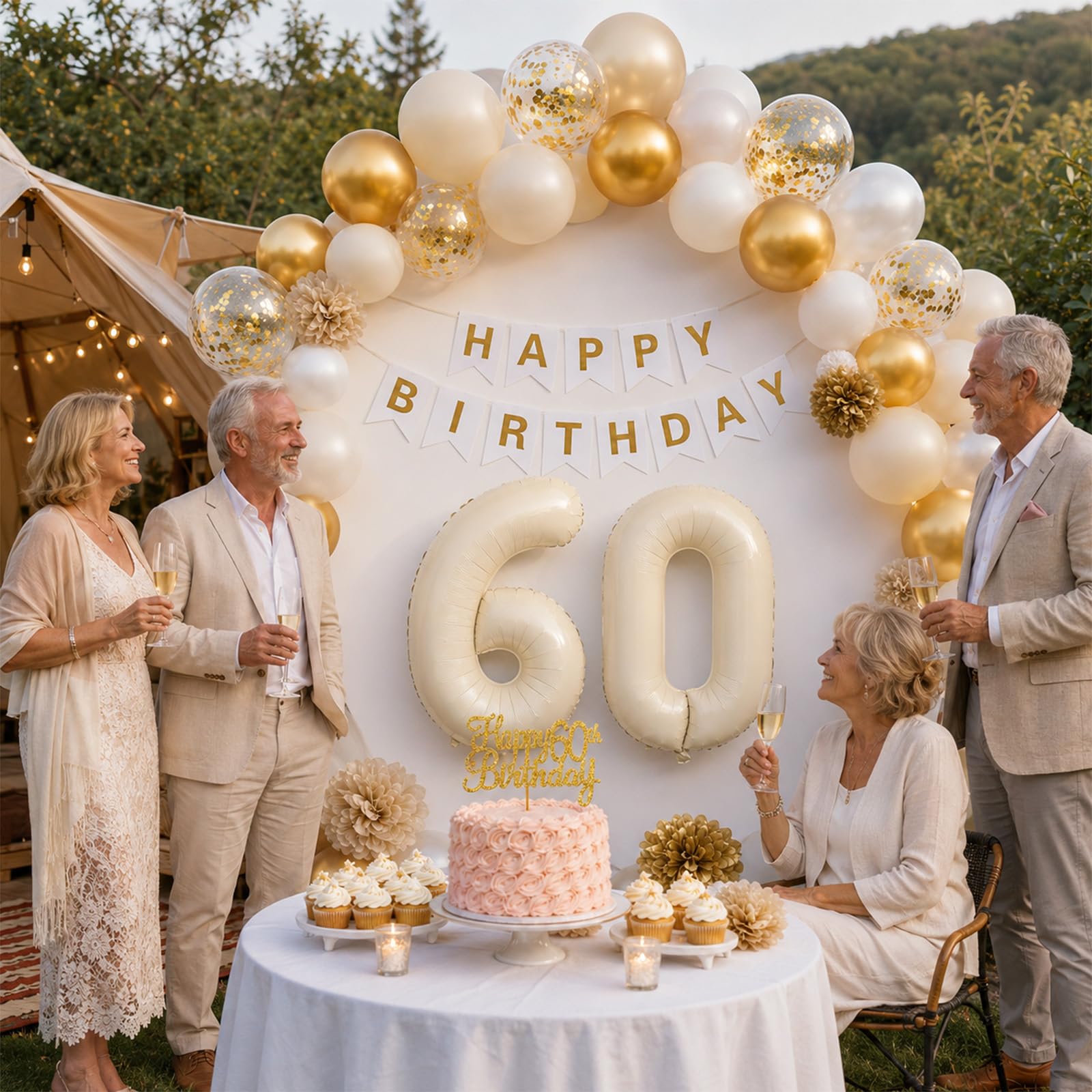 Froova 60th Birthday Decorations 33-Piece Set – Beige Gold White Neutral Party Supplies