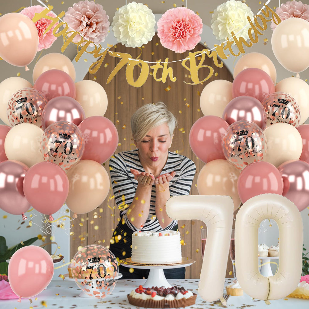 Froova 70th Birthday Decorations for Women - Dusty Blush Pink Balloons, Banner, Cake Topper & Pom Poms