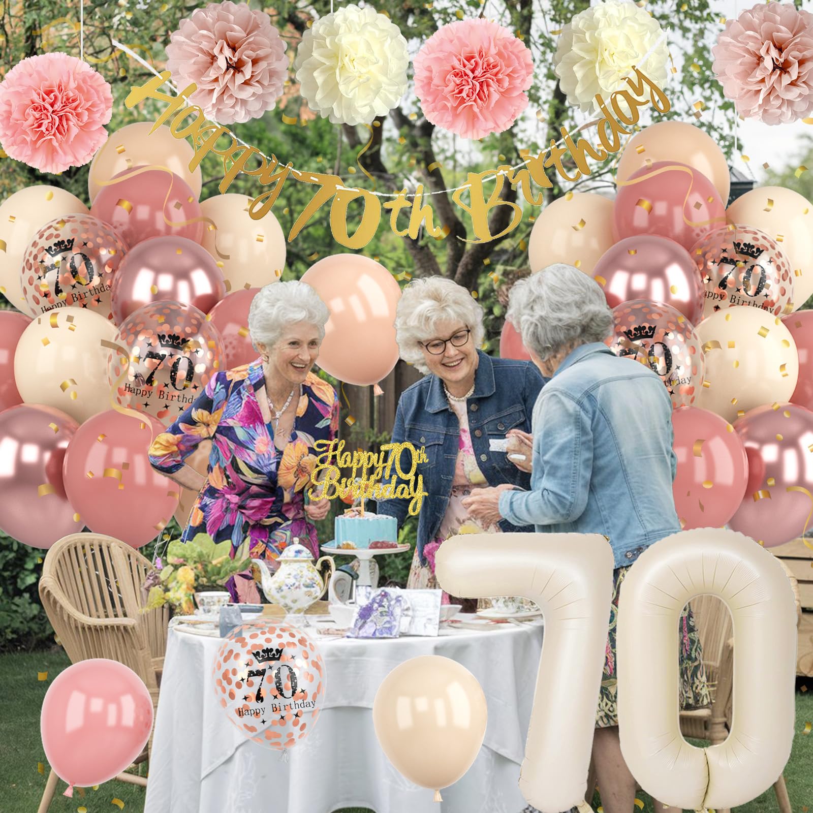 Froova 70th Birthday Decorations for Women - Dusty Blush Pink Balloons, Banner, Cake Topper & Pom Poms