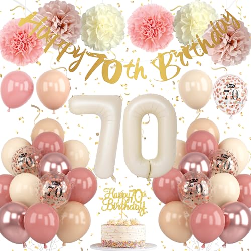 Froova 70th Birthday Decorations for Women - Dusty Blush Pink Balloons, Banner, Cake Topper & Pom Poms
