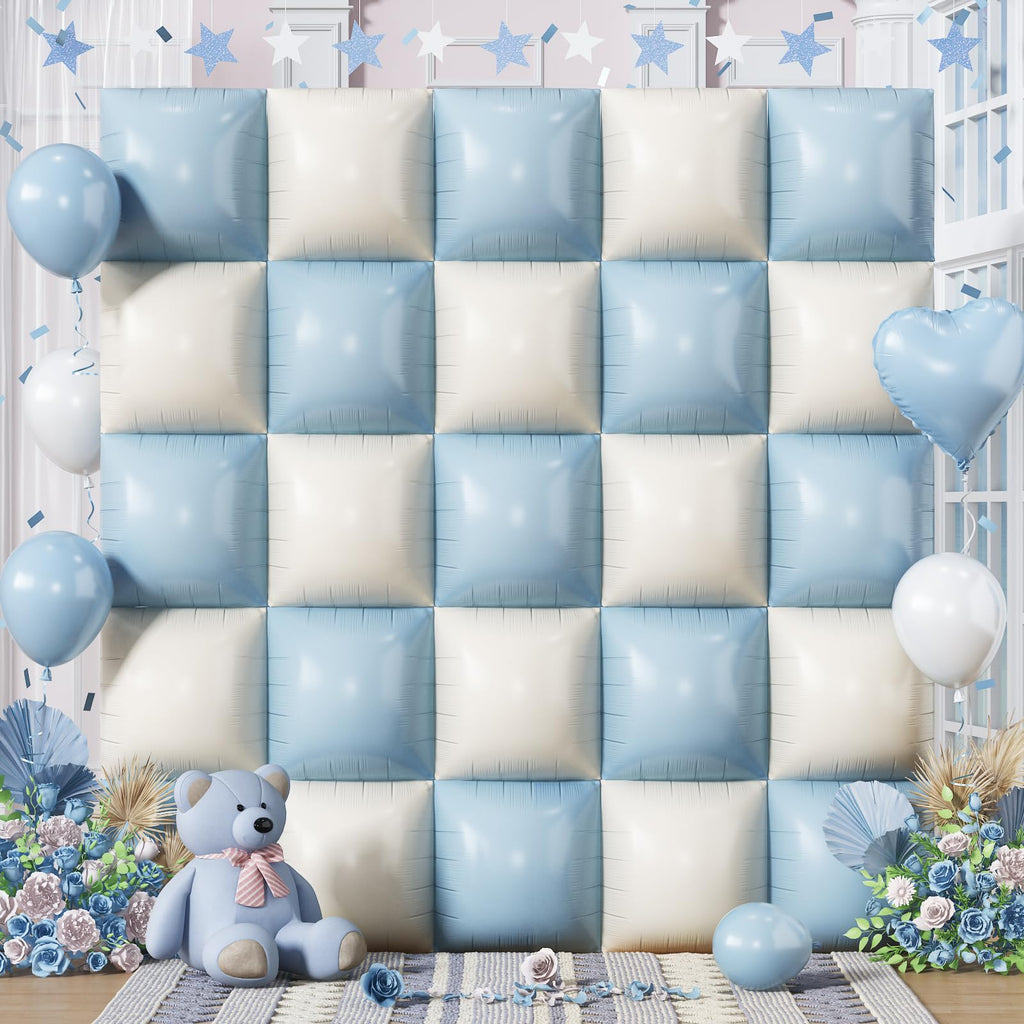 Froova Baby Blue White 25PCS Square Foil Balloons Backdrop Kit - 19 Inch Double Sided for Baby Shower, Boho, Birthday Party Decor