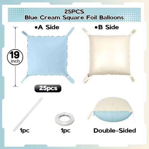 Froova Baby Blue White 25PCS Square Foil Balloons Backdrop Kit - 19 Inch Double Sided for Baby Shower, Boho, Birthday Party Decor