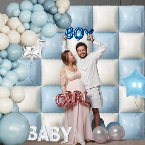 Froova Baby Blue White 25PCS Square Foil Balloons Backdrop Kit - 19 Inch Double Sided for Baby Shower, Boho, Birthday Party Decor