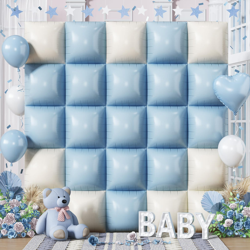 Froova Baby Blue White 25PCS Square Foil Balloons Backdrop Kit - 19 Inch Double Sided for Baby Shower, Boho, Birthday Party Decor
