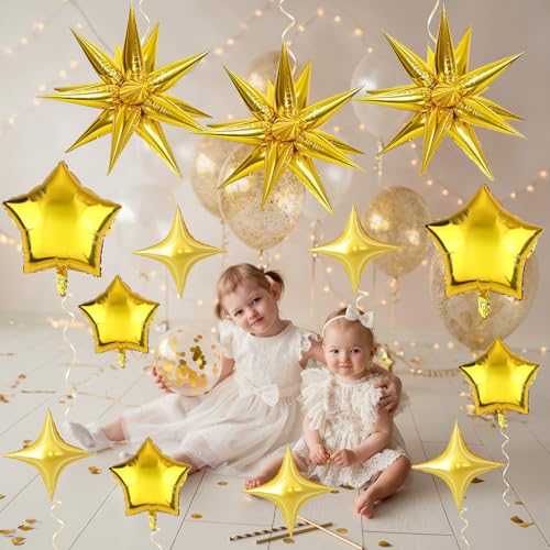 Froova Gold Foil Star Balloons Set - 22/18/10 Inch Metallic Stars for New Year, Baby Shower, Birthday Party Decorations