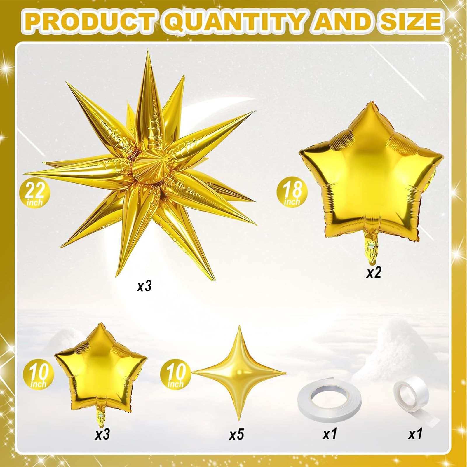 Froova Gold Foil Star Balloons Set - 22/18/10 Inch Metallic Stars for New Year, Baby Shower, Birthday Party Decorations