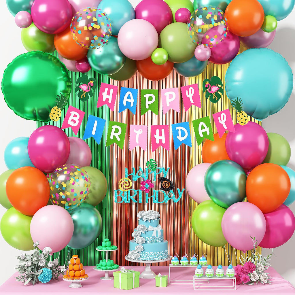Froova Hawaiian Tropical Birthday Party Decorations Kit – 51-Piece Luau Set with Foil Curtain, Banner, Cake Topper, and Balloons