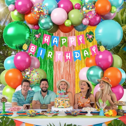 Froova Hawaiian Tropical Birthday Party Decorations Kit – 51-Piece Luau Set with Foil Curtain, Banner, Cake Topper, and Balloons