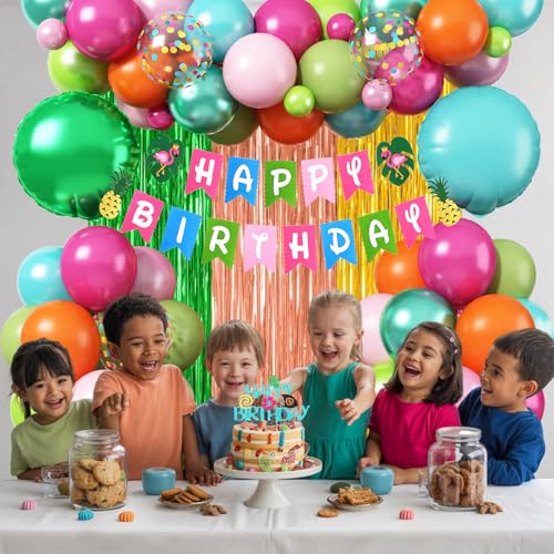 Froova Hawaiian Tropical Birthday Party Decorations Kit – 51-Piece Luau Set with Foil Curtain, Banner, Cake Topper, and Balloons