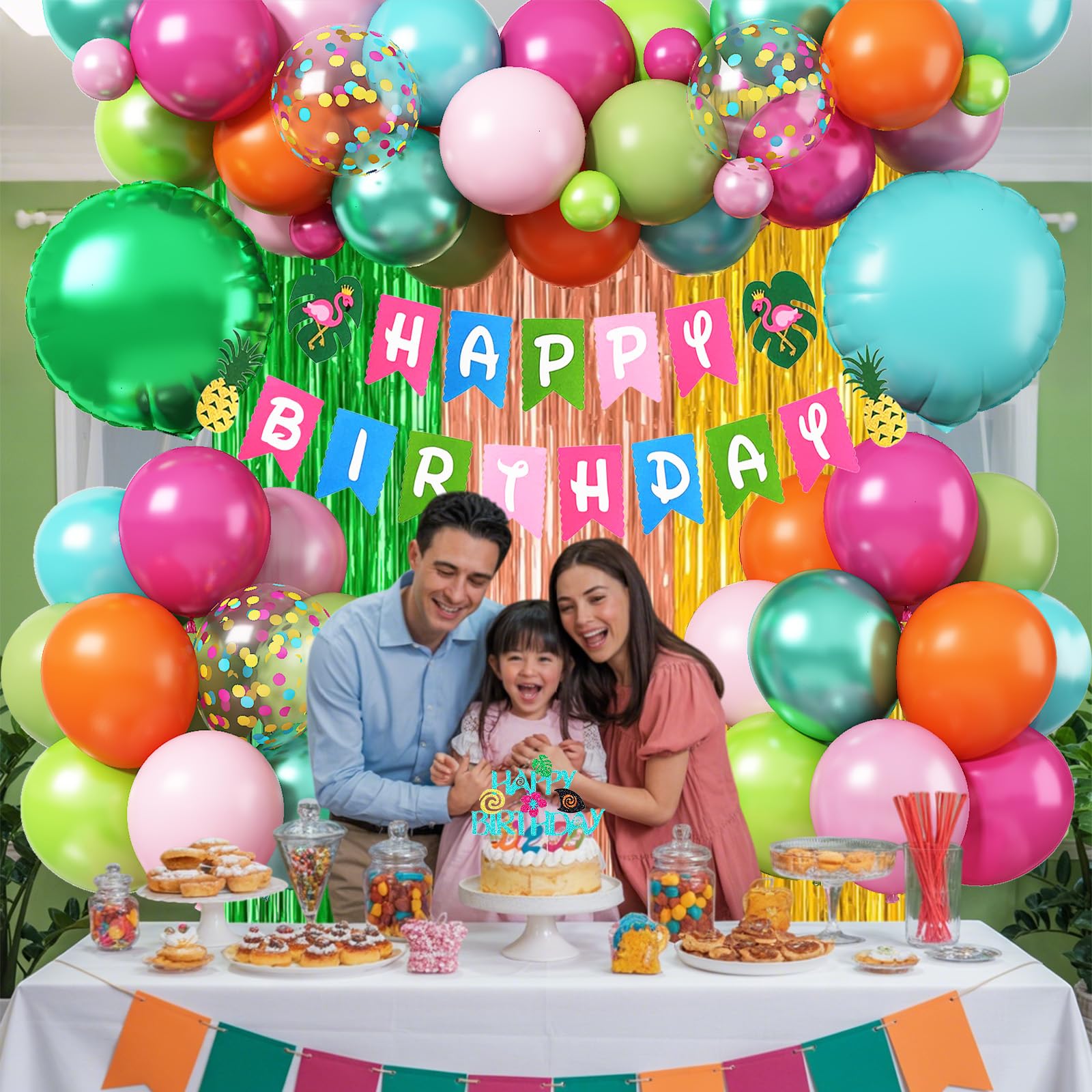 Froova Hawaiian Tropical Birthday Party Decorations Kit – 51-Piece Luau Set with Foil Curtain, Banner, Cake Topper, and Balloons